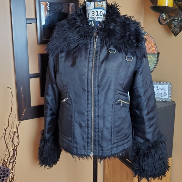 blanc noir Jackets & Blazers - BLANC NOIR BLACK FAUX FUR ADJ. HIGH COLLAR COAT